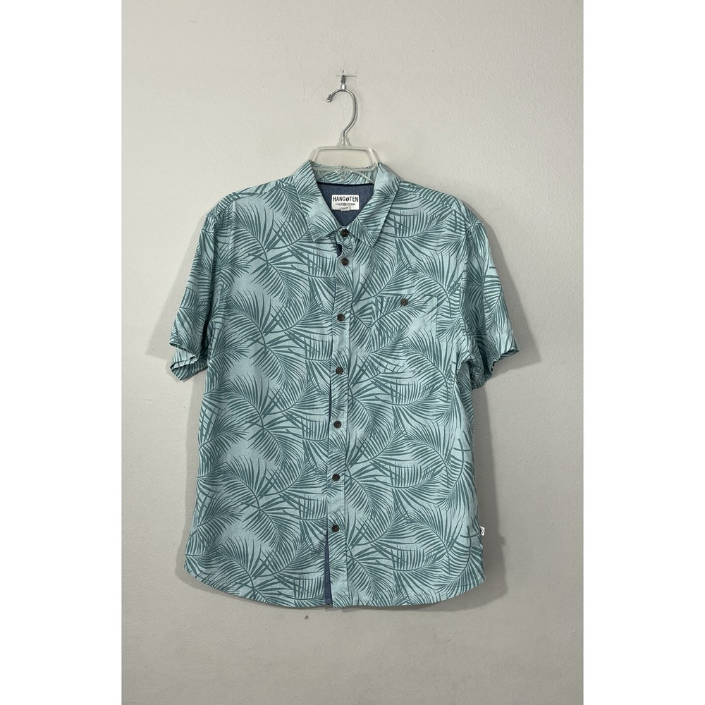 Hang Ten Mens Medium Leaf Print Short Sleeve Shirt Linen Blend Hawaiian Vacation